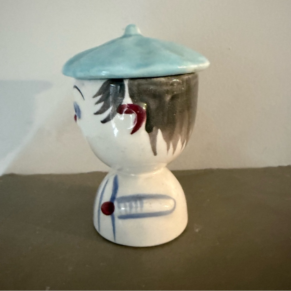Vintage Kitsch Blue Figural Covered Ceramic Egg Cup Holder Japan Cute trinket - Picture 4 of 7